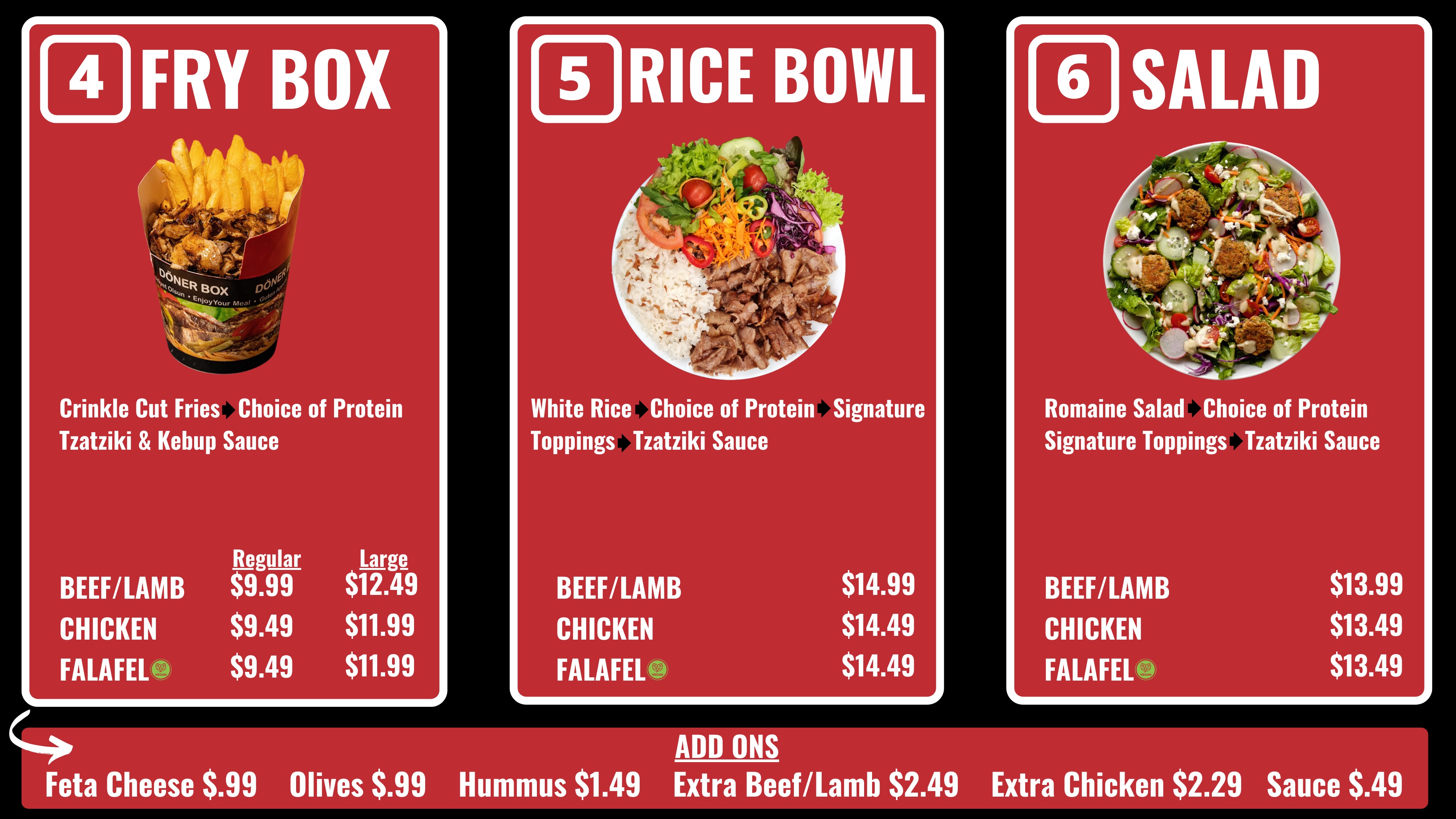 Fry box, rice bowl, or salad with your choice of protein